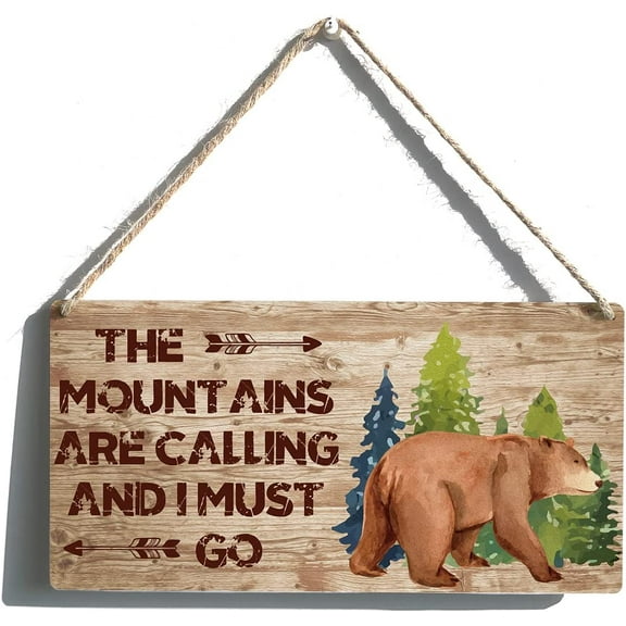 The Mountains are Calling And I Must Go Sign Funny Farmhouse bear Wooden Hanging Sign Plaque Rustic Wall Art Decor Home Garden Door Decoration 10x5 Inch