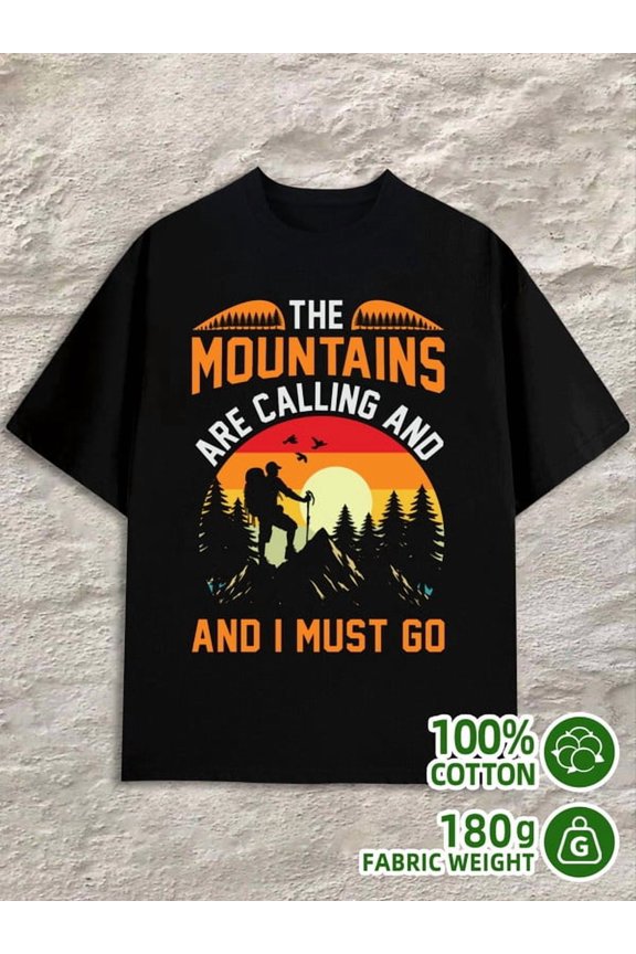 Mountains Calling for men 180G 100% Cotton black Retro Unisex Shirt Graphic Tee tshirts Original Unisex Shirt Short Sleeve tshirts Vintage Unisex Shirt Graphic Tee tshirts