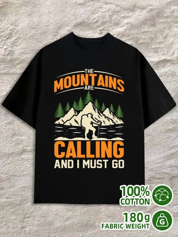 Mountains Calling mens 180G 100% Cotton black Vintage Unisex Shirt Printed tshirts Unique Design Unisex Shirt Short Sleeve tshirts Retro Unisex Shirt Short Sleeve tshirts