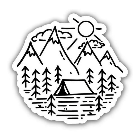 Mountains Camping Simple Drawing - 3" Vinyl Sticker - For Car Laptop I-Pad Phone Helmet Hard Hat - Waterproof Decal