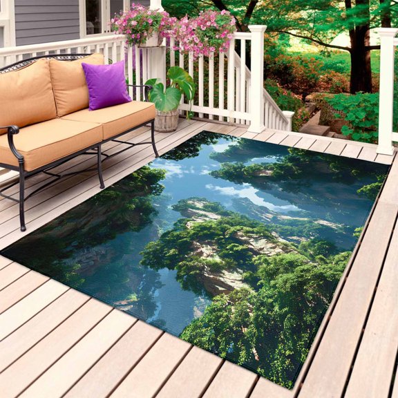 Mountains Clouds Outdoor Rug for Patio/Deck/Porch, Non-Slip Large Area Rug 5 x 8 Ft, Nature Minimalist Modern Indoor Outdoor Rugs Washable Area Rugs, Reversible Camping Rug Carpet Runner