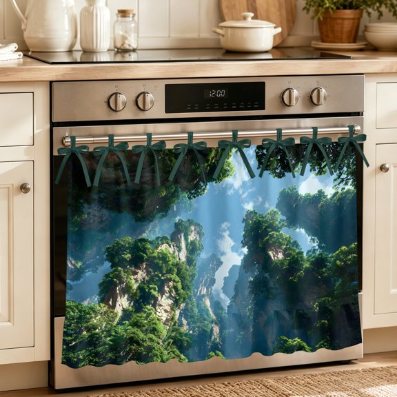 Mountains Clouds Oven Skirt for Farmhouse Kitchen Décor, Nature Minimalist Modern Oven Curtain Tie Top Decorative Stove Skirt, Cabinet Dish Washer Curtains with 8 Ribbon Ties 27"x20"