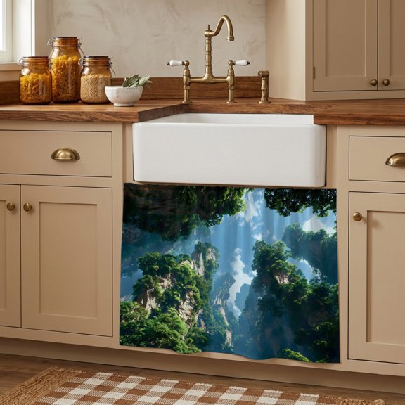 Mountains Clouds Small Cabinet Curtains 10"W x 11"L, Nature Minimalist Modern Sink Skirt Dust-Proof Short Curtain for Bathroom Vanity Storage Cubby Desk, Self Adhesive Privacy Drapes