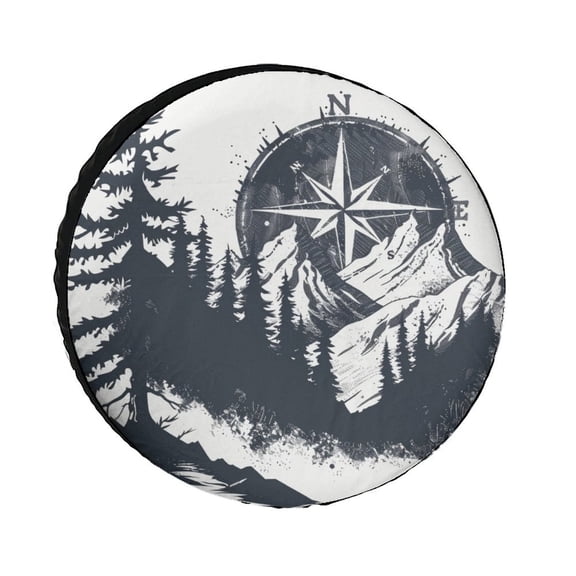 Mountains with A Compass Camping Spare Tire Cover Mountain Compass Nature Camper Weatherproof Wheel Protectors Fit for Trailers SUV Off-Road Vehicle Camper And Trucks 15 Inch