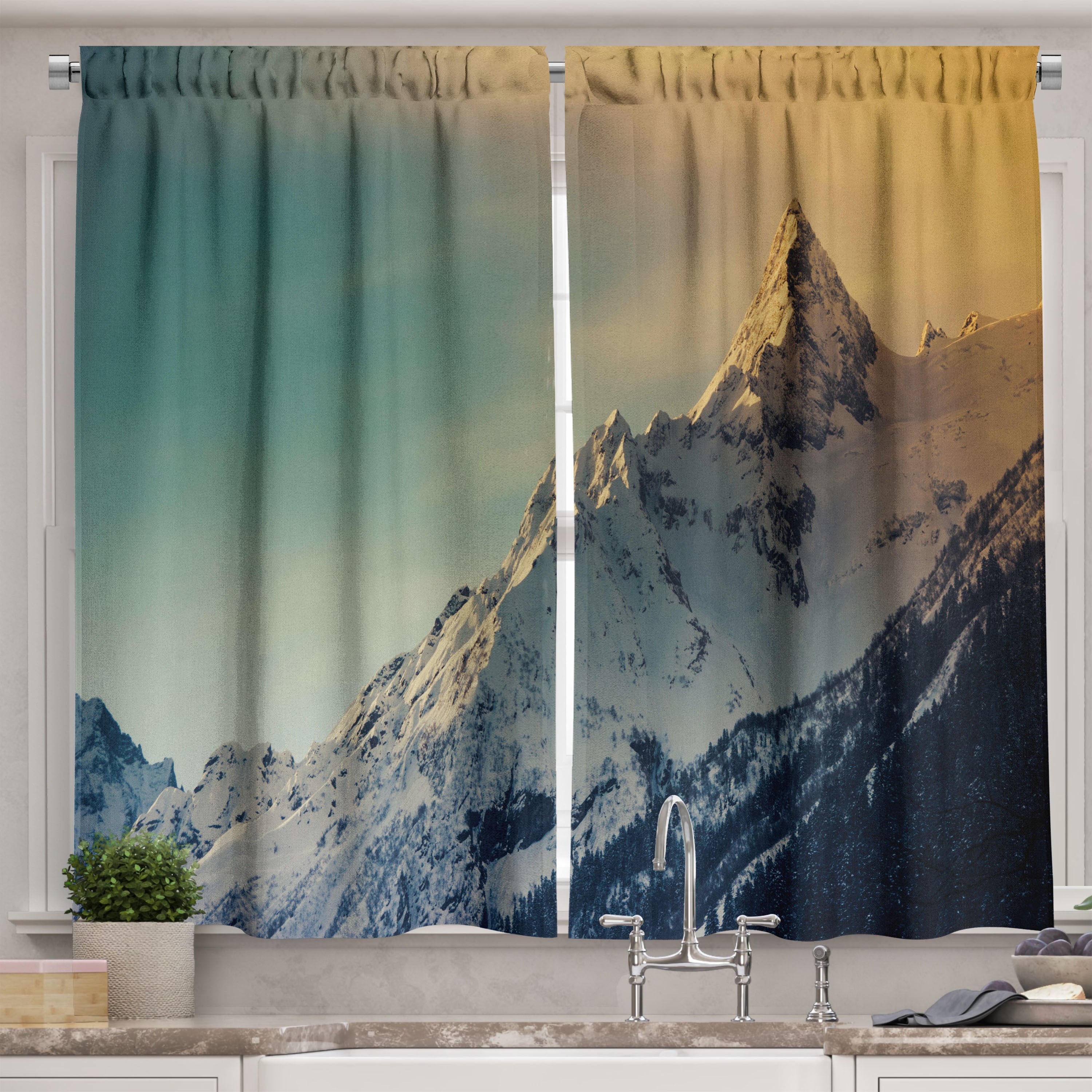 Mountains Curtains 2 Panels Set, Winter Mountains Panorama Style Scene with Ski Slopes Caucasus