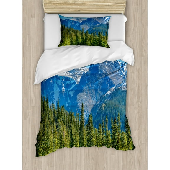 Mountains Duvet Cover Set Twin Size, Natural Theme Landscape Illustration with View of Trees Snowy Hills and Blue Sky, Decorative 2 Piece Bedding Set with 1 Pillow Sham, Multicolor, by Ambesonne