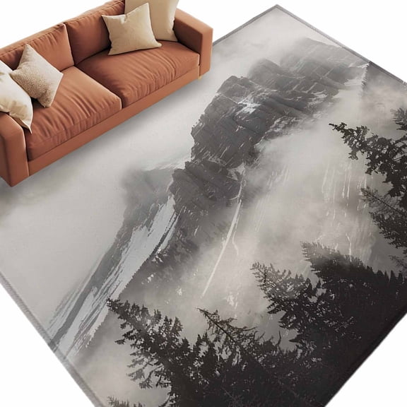 Mountains Forest Area Rug 5x8ft Nature Landscape Non-Slip Washable Square Rugs Soft Felt Indoor Floor Mat for Bedroom Kitchen Living Room Bathroom