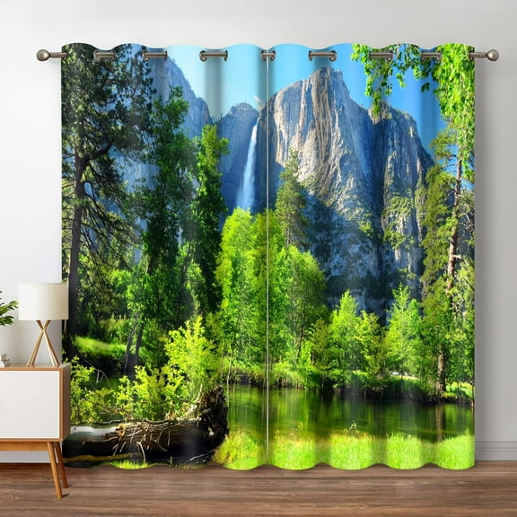 Mountains Forest Blackout Curtains Jungle Green Trees River in Bright Sunshine Nature Scenery Decor Bedroom Living Room Darkening Grommet Window Drapes 2 Panel Set, 42"x63"