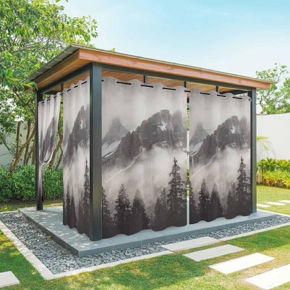 Mountains Forest Outdoor Curtains for Patio Waterproof, Nature Landscape Fog Cloud Grommet Curtains for Porch Outside Privacy Drape for Gazebo Garden Pergola, 1 Panel, 54x84in