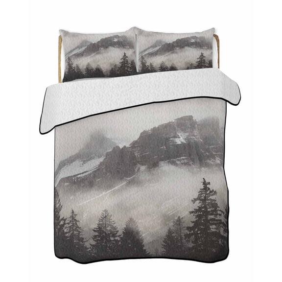 Mountains Forest Quilts Bedding Set California King Nature Landscape Lightweight Quilted Bedspread 3 Piece Bed Quilt with 2 Pillow Shams All Season for Bedroom 96" x 106"