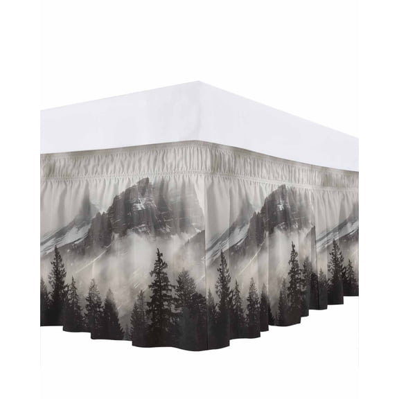Mountains Forest Ruffle Bed Skirt Queen Size Nature Landscape Adjustable Elastic Dust Bed Skirts Wrap Around Bedskirt Wrinkle Free Easy Fit with 16 Inch Drop