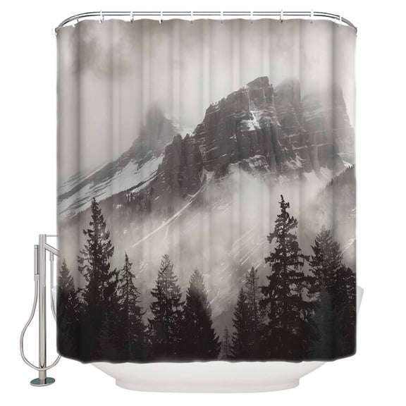 Mountains Forest Shower Curtain, 36" x 72", Nature Landscape Fog Cloud Waterproof Bathroom Curtain Washable Shower Curtain Set with 12 Hooks