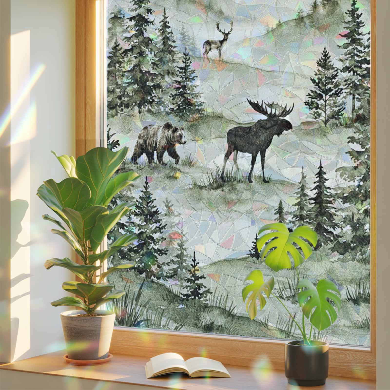 Mountains Forest Window Privacy Film Rainbow Static Cling Stain Glass ...