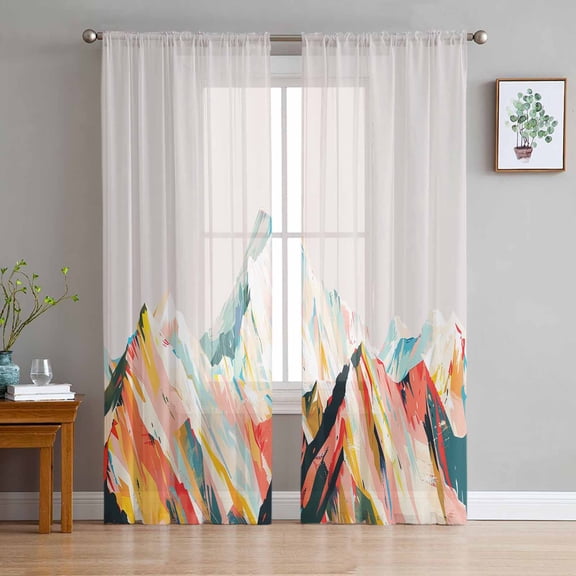 Mountains Grey Sheer Curtains 72 Inches Long 2 Panels Set, Window Sheer Curtains for Living Room/Bedroom, Coloured Multi Abstract Modern Painting Light Filtering Rod Pocket Curtain 52'' x 72'' x 2