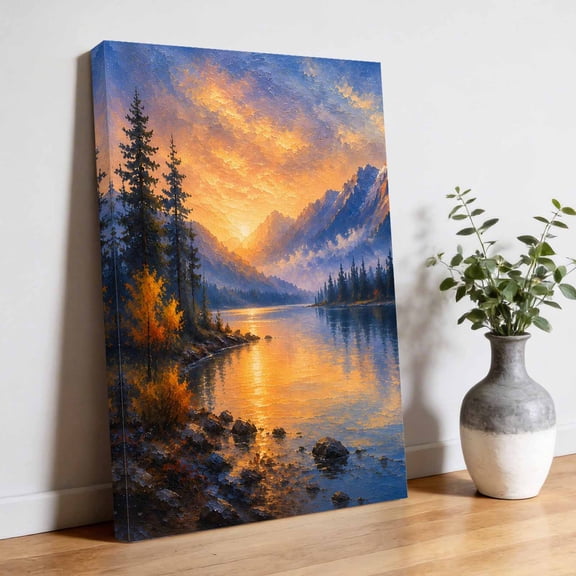 Mountains Lake Canvas Wall Art, Rustic Pine Trees Sunset Sky Orange Blue Landscape Pictures Wall Decor Wooden Framed Artwork Art Prints for Living Room Hallway Bedroom Office 12"x16"