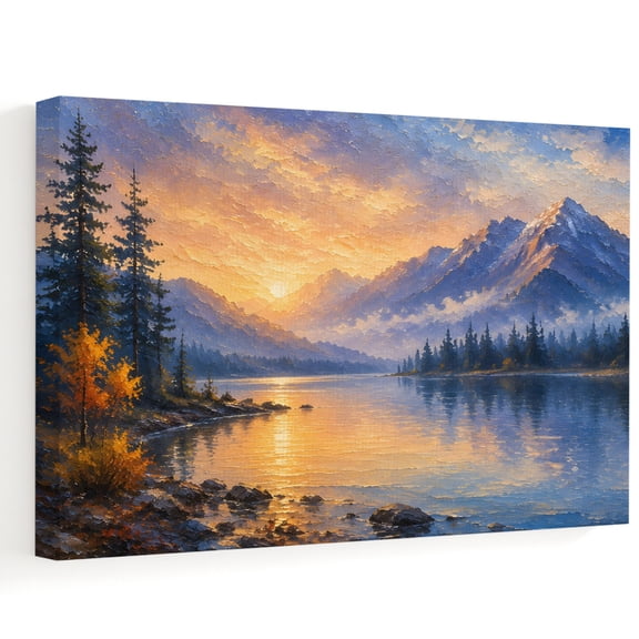 Mountains Lake Canvas Wall Art, Rustic Pine Trees Sunset Sky Orange Blue Landscape Wall Art Prints Artwork Framed Canvas Ready to Hang Art Pictures for Bathroom, Dressing Table, Entryway 12" x 8"