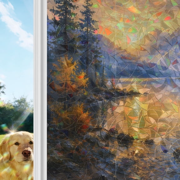 Mountains Lake Rainbow Window Privacy Film, Rustic Pine Trees Sunset Sky Orange Blue Landscape Stained Glass Window Film, Sun Blocking Static Cling Non Adhesive Door Stickers 17.7 x 39.3 Inches