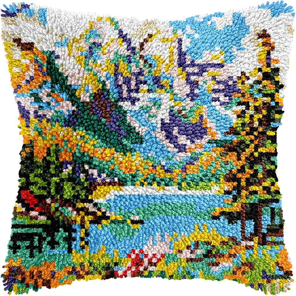 Mountains & Lake Scenery Latch Hook Pillow Kits for DIY Throw Pillow Cushion Embroidery Latch Hooking Pillowcase Kits with Preprinted Canvas Crochet Yarn Kits for Home Decor 17''X 17''(C53)