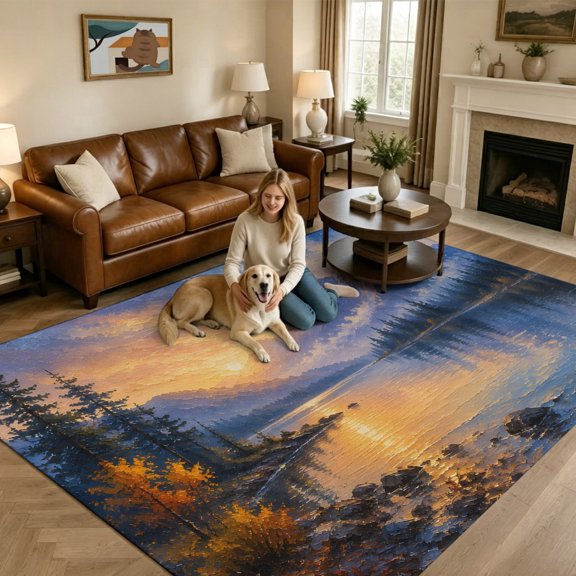 Mountains Lake Washable Area Rug 9x12 Rustic Pine Trees Sunset Sky Orange Blue Landscape Low-Profile Large Area Rugs Non Slip Indoor Floor Carpet for Entrance Living Room Bedroom Home Office