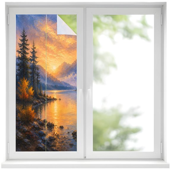 Mountains Lake Window Privacy Film 17.7x39.3in Rustic Pine Trees Sunset Sky Orange Blue Landscape Decorative Window Film with Static Cling, UV Filtering Window Cling Privacy Film for Glass Doors