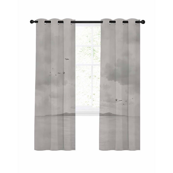 Mountains Landscape Blackout Curtains for Bedroom Living Room, Zen Birds Water Sky Gray 96 In Long Thermal Insulated Room Darkening Drapes Grommet Window Treatments, 52 x 96 In