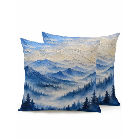 Mountains Landscape Outdoor Throw Pillows with Inserts Set of 2, 18"x18" Country Vintage Minimalist Blue Forest Tree Waterproof Square Patio Pillows for Small Patio Chairs, Balcony, Couch
