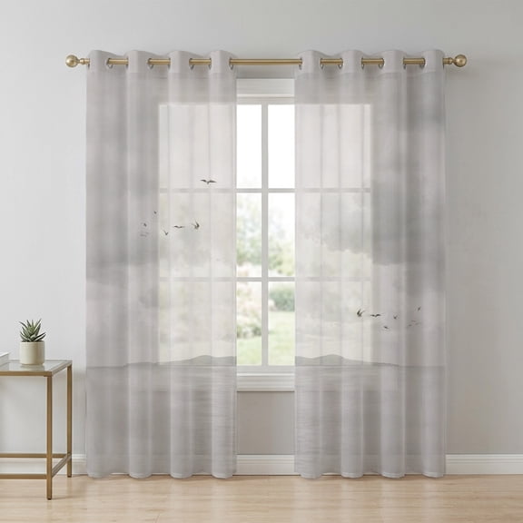 Mountains Landscape Sheer Curtains 96 Inch Long 2 Panels, Zen Birds Water Sky Gray Light Filtering Semi Sheer Drapes Grommet Voile Window Curtain for Living Bedroom W52 x L96