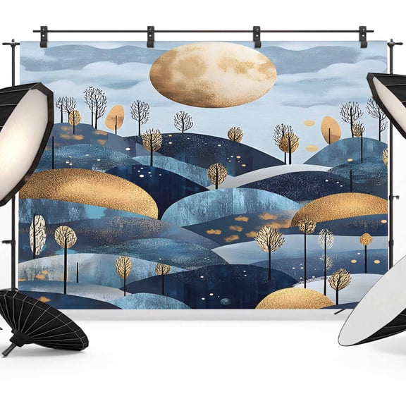 Mountains Modern Art Backdrop for Photography, Golden Moonlight Simple Decoration Photo Backdrop Portrait Background Party Banner Photo Backgrounds for Studio Booth Props, 7x5ft