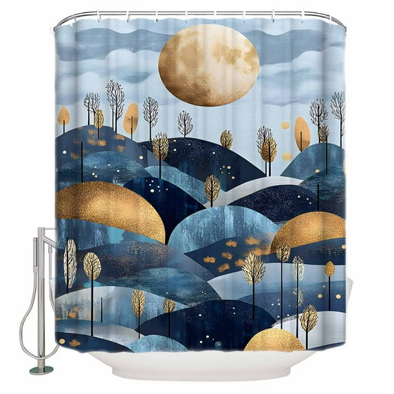 Mountains Modern Art Shower Curtain, 60" x 72", Golden Moonlight Simple Decoration Waterproof Bathroom Curtain Washable Shower Curtain Set with 12 Hooks
