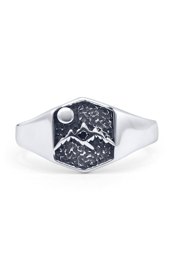 Mountains & Moon Oxidized Ring 925 Sterling Silver Size 9