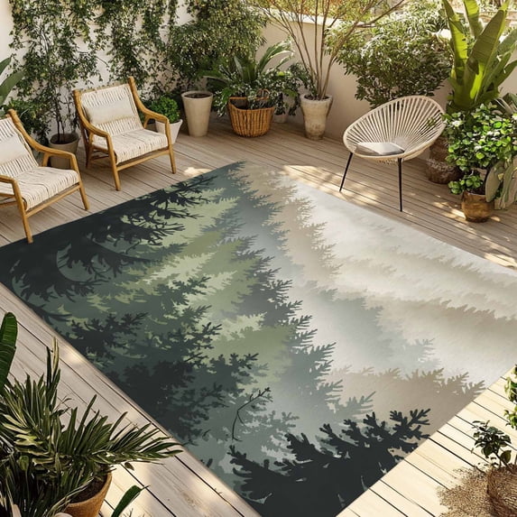Mountains Outdoor Rug for Patio/Deck/Porch, Non-Slip Large Area Rug 3 x 5 Ft, Watercolor Forest Nature Pine Trees Landscape Indoor Outdoor Rugs Washable Area Rugs, Camping Rug Carpet Runner