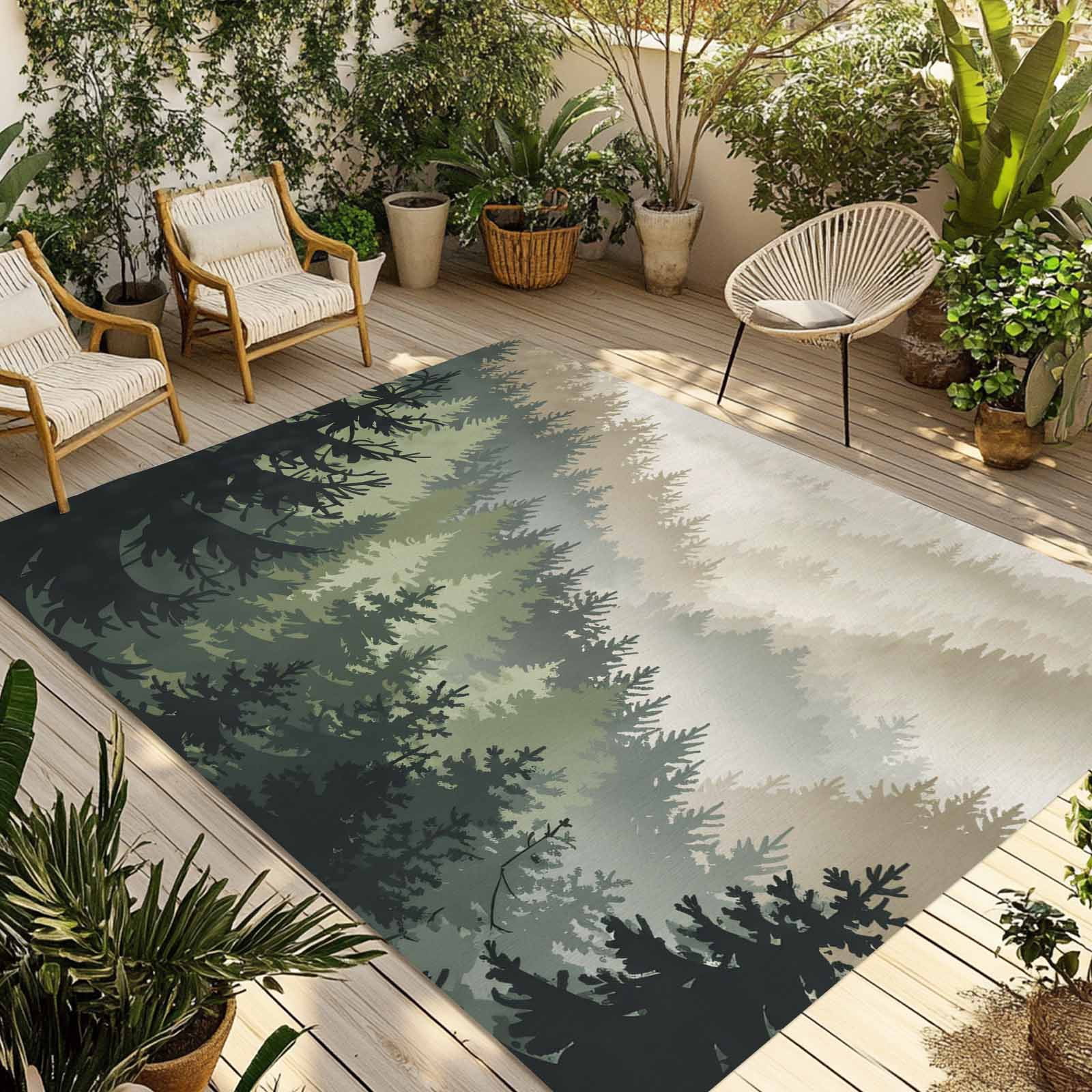 Mountains Outdoor Rug for Patio/Deck/Porch, Non-Slip Large Area Rug 6 x 9 Ft, Watercolor Forest Nature Pine Trees Landscape Indoor Outdoor Rugs Washable Area Rugs, Camping Rug Carpet Runner