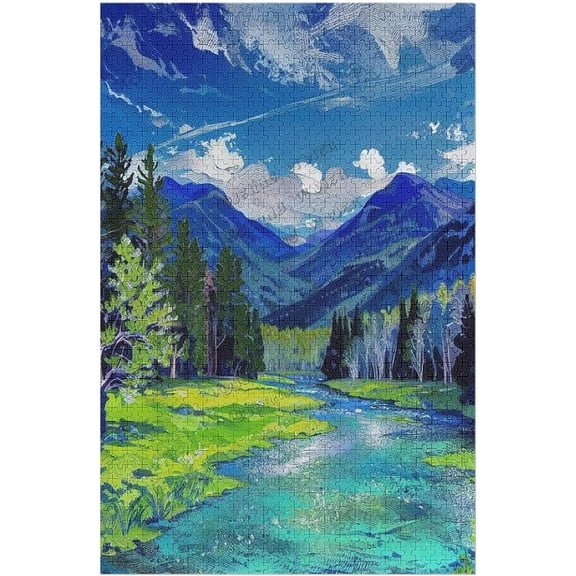 Mountains Park Stream Oil Painting 500 Piece Jigsaw Puzzle, Hard Natural Scene Interactive Brain Teaser Puzzle