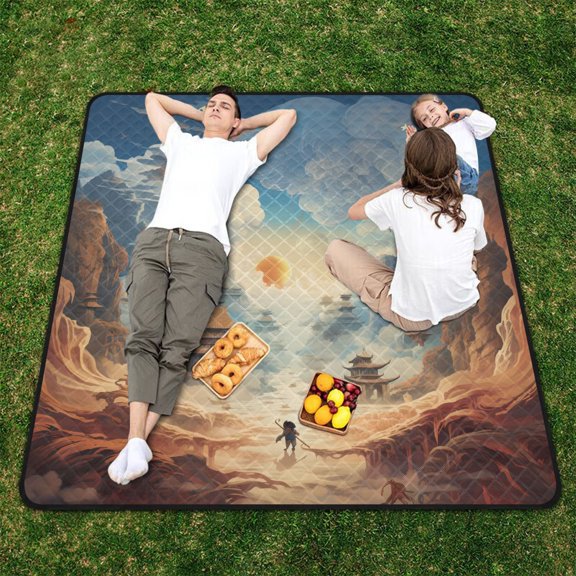 Mountains Person Clouds Temples Beach Blanket Outdoor Picnic Blanket 78"x 78" Waterproof Foldable for Beach Camping Travel Hiking Grass Lawn Park