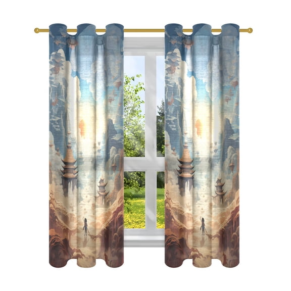 Mountains Person Clouds Temples Blackout Curtains Patio Door Curtains Window Decoration for Bedroom Living Room 2 Panels