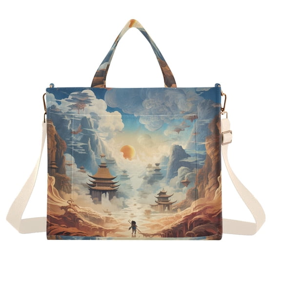 Mountains Person Clouds Temples Corduroy Tote Bag Handbag Large Messenger Bag Shoulder Crossbody Zipper Bag Purse