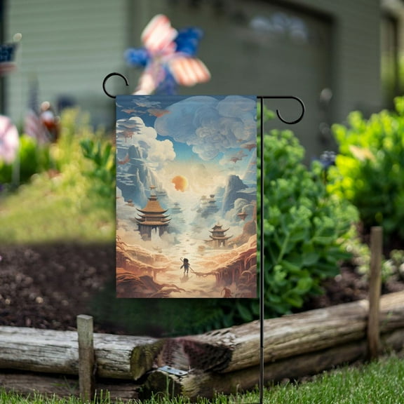 Mountains Person Clouds Temples Garden Flag Double Sided Outdoor Banners for Courtyard Outdoor Lawn Farmhouse Holiday Decorations