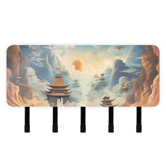 Mountains Person Clouds Temples Mail Holder Organizer Wall Mount with Shelf Key Holder Key Rack with 5 Key Hooks for Wall Decorative