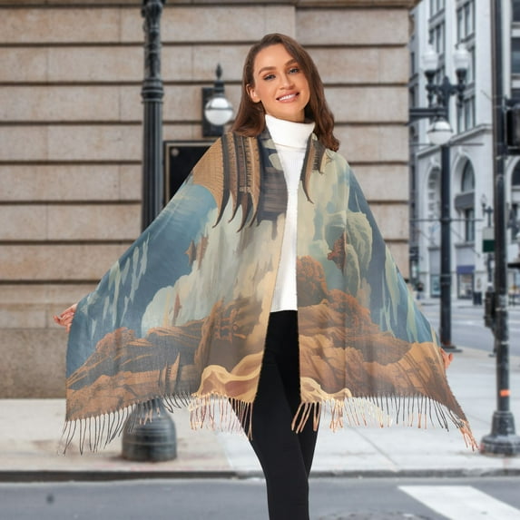 Mountains Person Clouds Temples Winter Scarf for Women Fashion Warm Long Soft Blanket Scarves Gifts