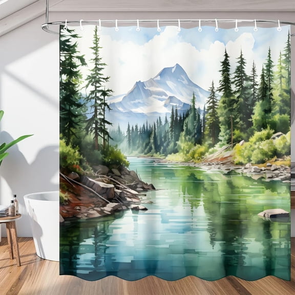 Mountains Pine Tree Shower Curtains, Waterproof Fabric, Washable Polyester Bath Curtain for Bathroom Decor with Hooks 36"W x 72"H