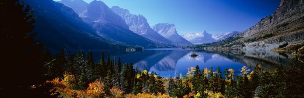 Mountains Reflected In Lake Glacier National Park Montana USA Canvas Art - Panoramic Images (36 x 12)