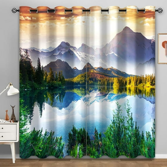 Mountains, Rivers And Lakes Blackout Grommet Window Curtains, Plants And Flowers Bedroom Curtains 3D Valance Pattern Window Drapes For Kitchen Living Room Home Decor 42"W x 63"L (Pack of 2)