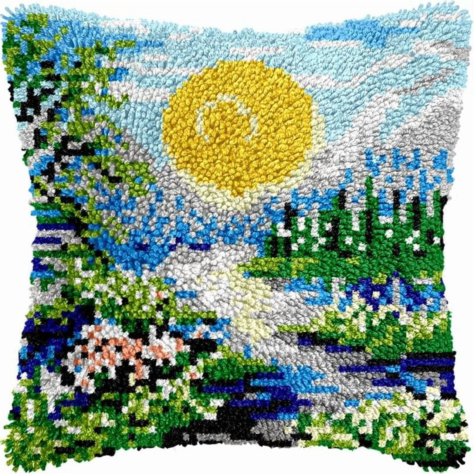 Mountains & Rivers Latch Hook Pillow Kits Pillow Cover with Pattern Printed Canvas Sofa Hooking Pillowcase Cushion Crafts Embroidery Latch Hooking Crochet Starter Kits 17x17 inch(1)