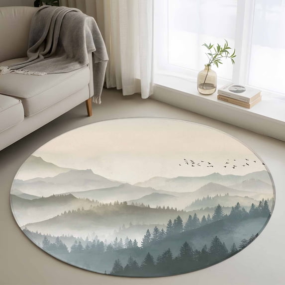 Mountains Round Area Rug 3Ft Washable Small Circle Rugs for Kitchen Entryway, Farmhouse Forest Nature Trees Landscape Non-Slip Carpet Floor Mats Indoor Outdoor Carpet Runner Aesthetic Home Decor