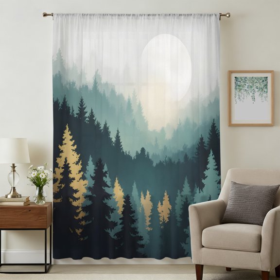 Mountains Sheer Curtains 108" Extra Long for Living Room, Nature Moon Forest Pine Trees Landscape Light Filtering Privacy Drapes, Breathable Semi Sheer Window Treatment for Floor to Ceiling Window