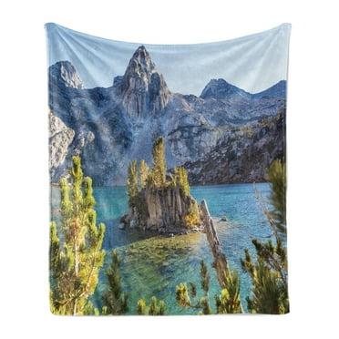 Mountains Soft Flannel Fleece Throw Blanket, Nature Scene of the Sierra Nevada Lake Spring Time, Cozy Plush for Indoor and Outdoor Use, 50" x 70", Yellow Green Blue Grey, by Ambesonne