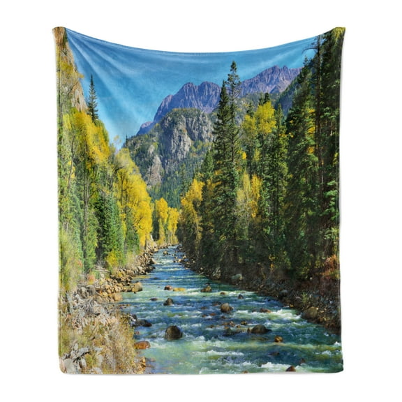 Mountains Soft Flannel Fleece Throw Blanket, River and Colorful Trees of Colorado During Foliage Season Autumn Forest View, Cozy Plush for Indoor and Outdoor Use, 60" x 80", Multicolor, by Ambesonne