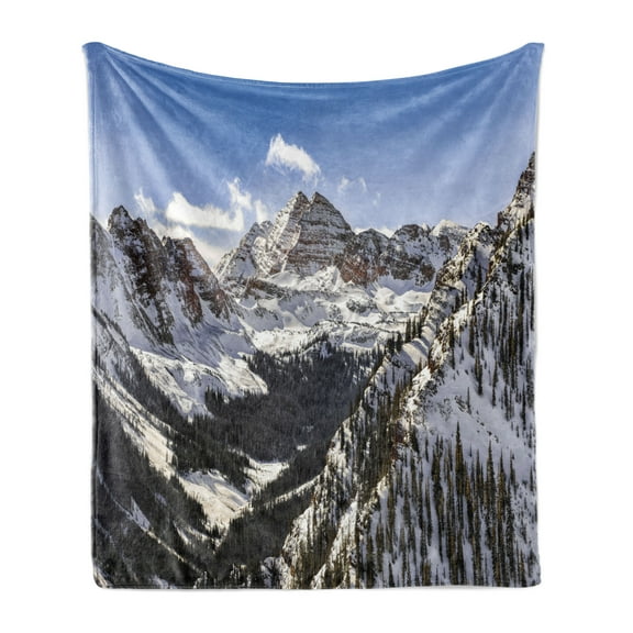 Mountains Soft Flannel Fleece Throw Blanket, Winter Photo of the Maroon Bells in Colorado, Cozy Plush for Indoor and Outdoor Use, 60" x 80", Azure Blue Dark Grey, by Ambesonne