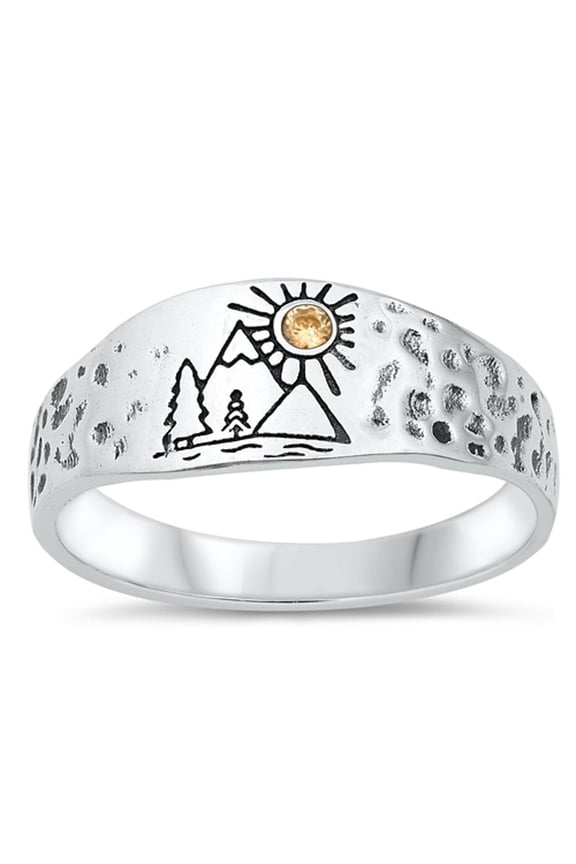 Mountains Sun Champagne CZ Outdoor Ring .925 Sterling Silver Band Orange Jewelry Female Size 9