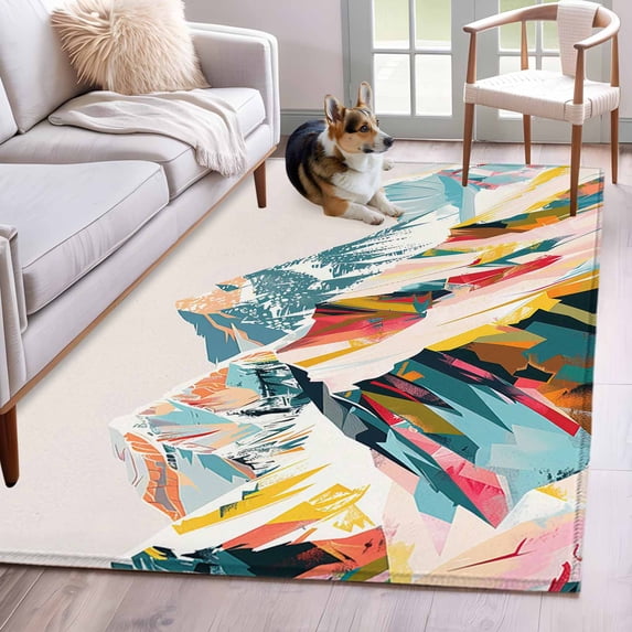 Mountains Teal Runner Rug 2.7x5 FT,Non Slip Entryway Carpet,Yellow Red Turquoise Abstract Painting Art Washable Soft Floor Carpet Entrance Mat Non-Shedding Throw Rug for Hallway Laundry Room Bedside